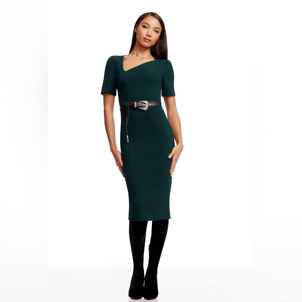 Dress the Population size Medium Ruth Dress in Pine Asymmetrical Neck Midi NWT